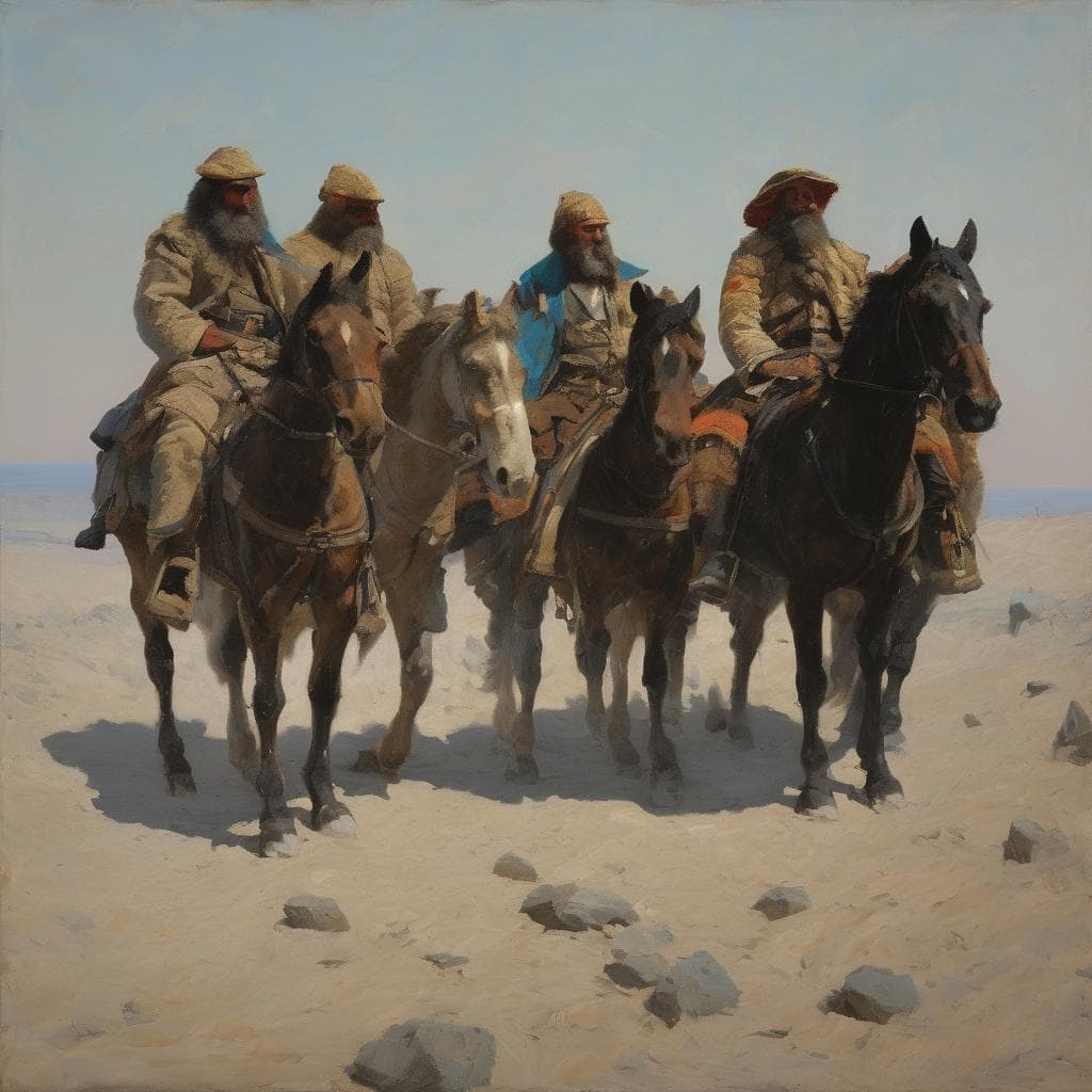 Μάρτυρες ιστορίας με άλογα σε ερήμους, εικόνα με ψυχή και ιστορικό βάθος, τέχνη και ιστορία σε μια εικόνα, υπενθύμιση περιπέτειας και αντοχής.