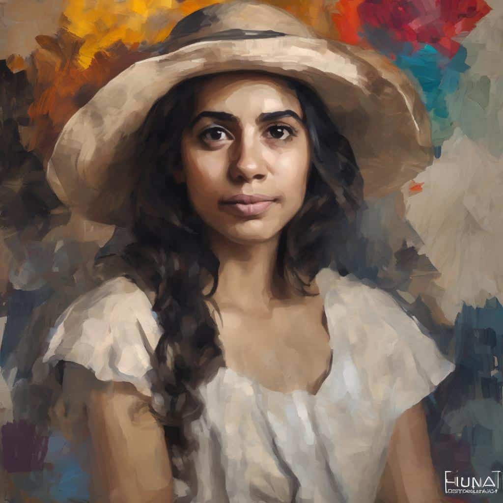 Αλτ κείμενο: Γυναίκα με καπέλο και λευκό φόρεμα, πορτραίτο με ψυχική διάσταση.