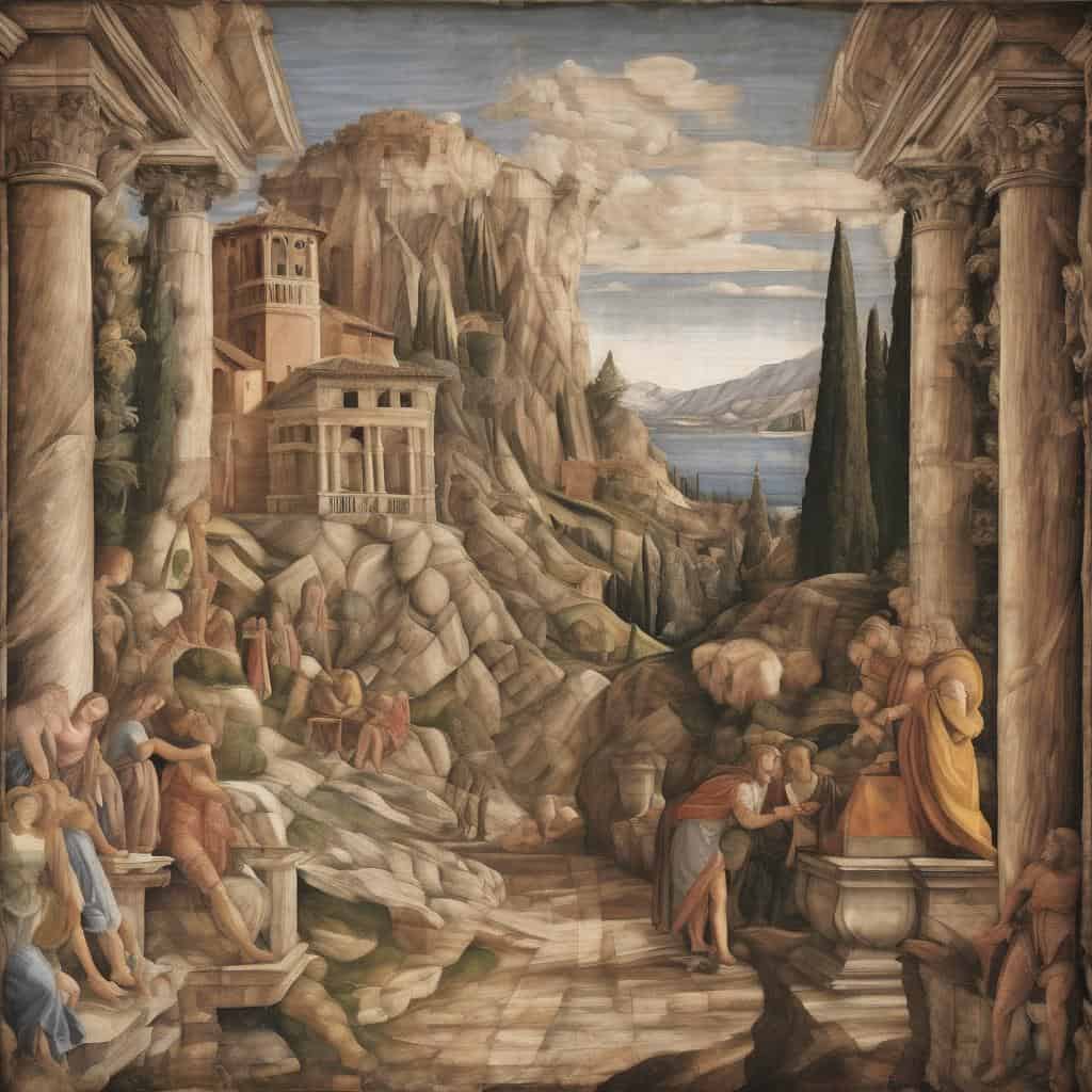 Ομορφιά της κλασικής τέχνης, μεσόγειος τοπίο και αρχαία ερειπωμένη αρχιτεκτονική, αναγνώση εικόνας με ψυχή.