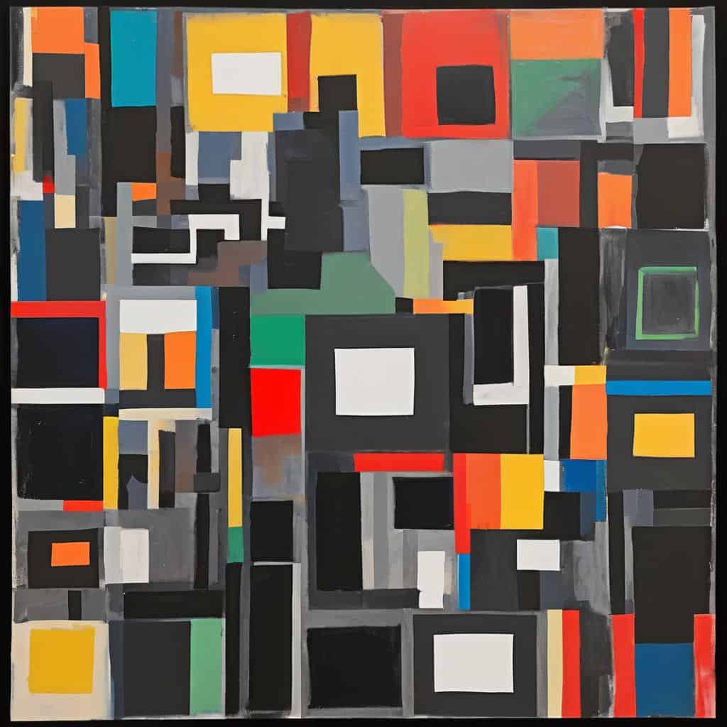 Όμορφο αφηρημένο έργο τέχνης με γεωμετρικά σχήματα και ζωντανά χρώματα, εκφράζοντας την «Ανάγνωση της Εικόνας με Ψυχή».