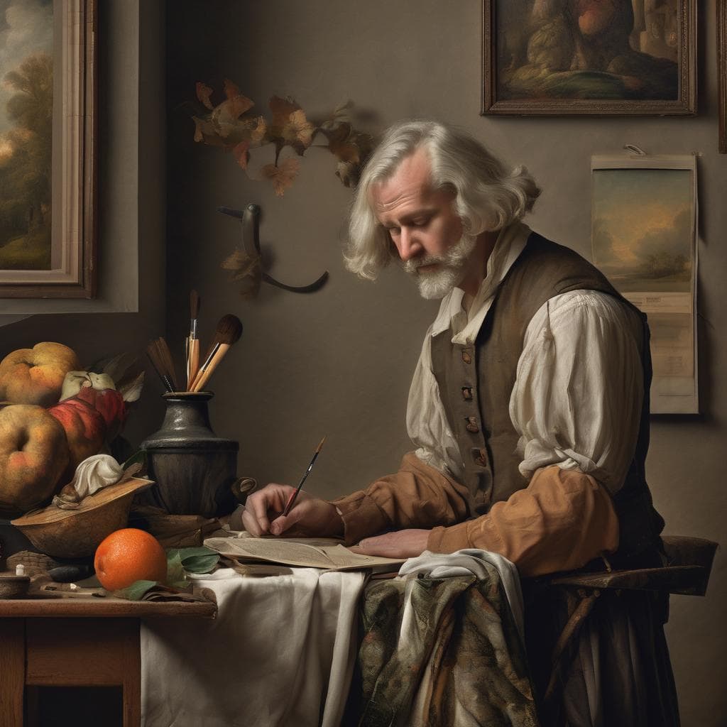 Ανδρας ζωγράφος με λευκά μαλλιά και μούσι, ζωγραφίζει σε παραδοσιακό στούντιο, περιτριγυρισμένος από έργα τέχνης και καλλιτεχνικά εργαλεία.